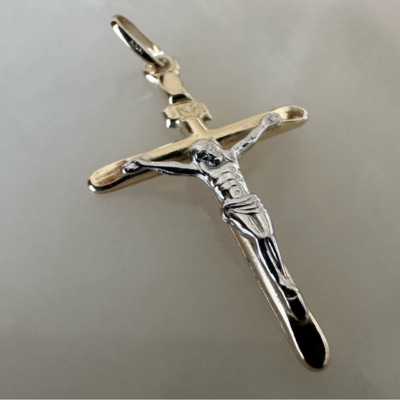 14k Two Tone Solid Gold Crucifix Pendant - Picture 6 of 10
